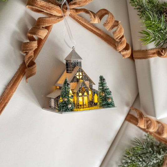 PLAID LIGHTED CHURCH ORNAMENT